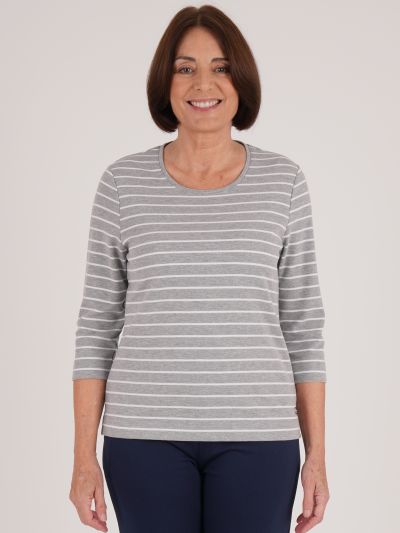 PennyPlain Round Neck Striped Top - Silver Marl