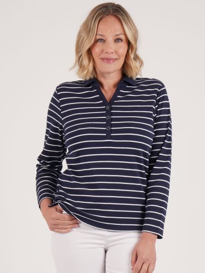 PennyPlain Yarn Dye Stripe Henley Top - French Navy